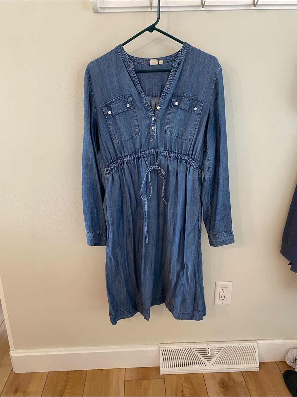 Denim-Look Drawstring Waist Shirt Dress - Blue